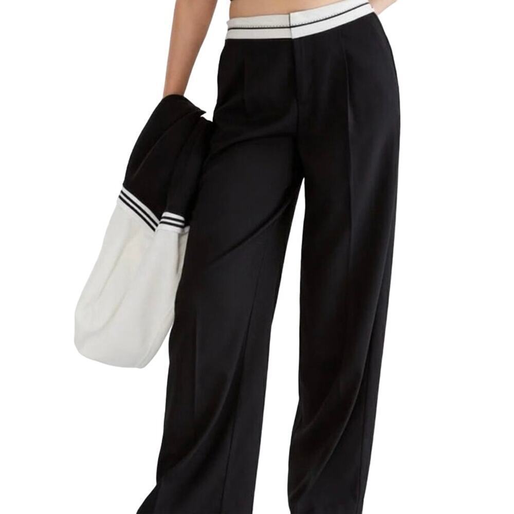 STRADIVARIUS Black High-Rise Trousers Pants Contrast Turn Down Waistband NWT - 0